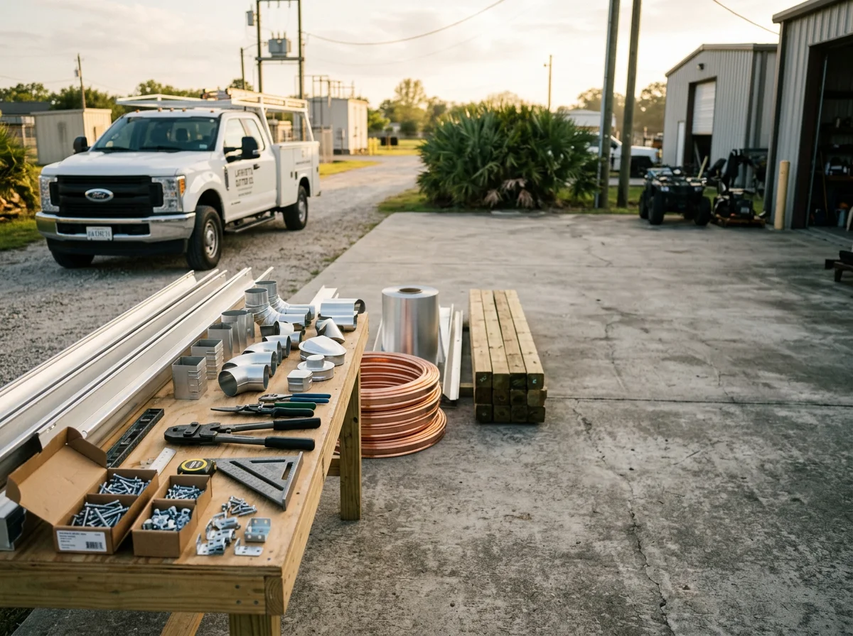 Professional gutter and fencing installation tools and materials ready for job site work.