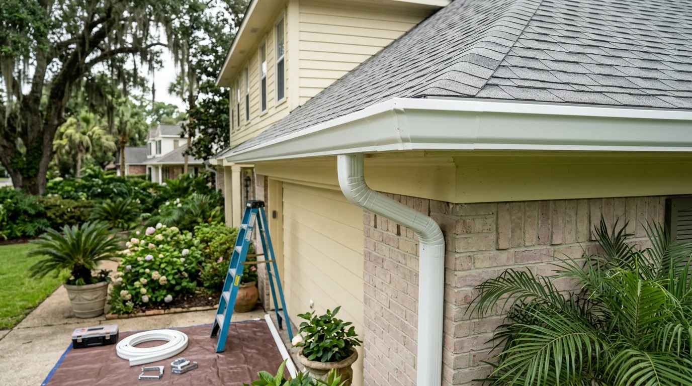 Professional gutter installation on a residential home in Lafayette, Louisiana