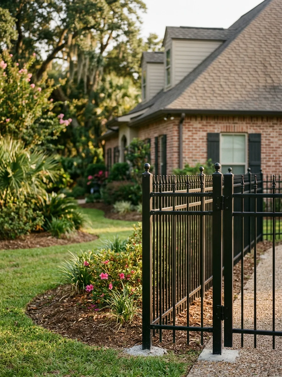 Portrait view of an aluminum ornamental fence installed at a Broussard, Louisiana home, with a custom home exterior and mature landscaping in the background.