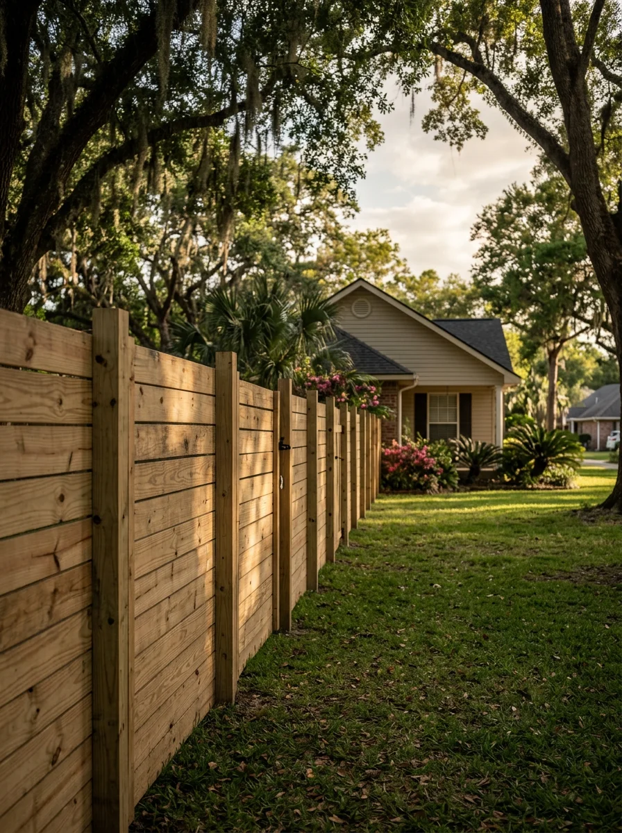 Portrait view of a wood privacy fence installed on a Carencro, Louisiana residential lot, with a single-family home and mature trees framing the property line.