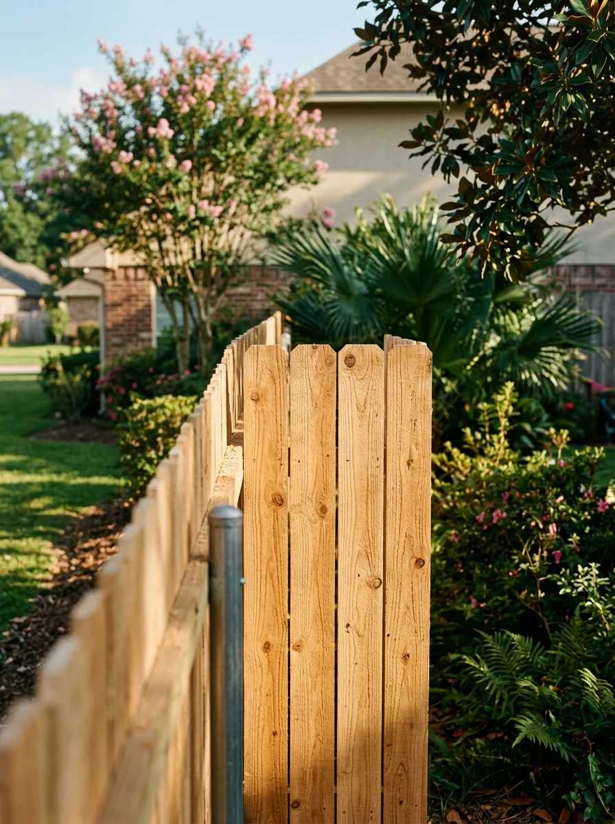 Close-up portrait view of a newly installed wood privacy fence on a Lafayette residential lot, with a slab home and subtropical landscaping in the background.