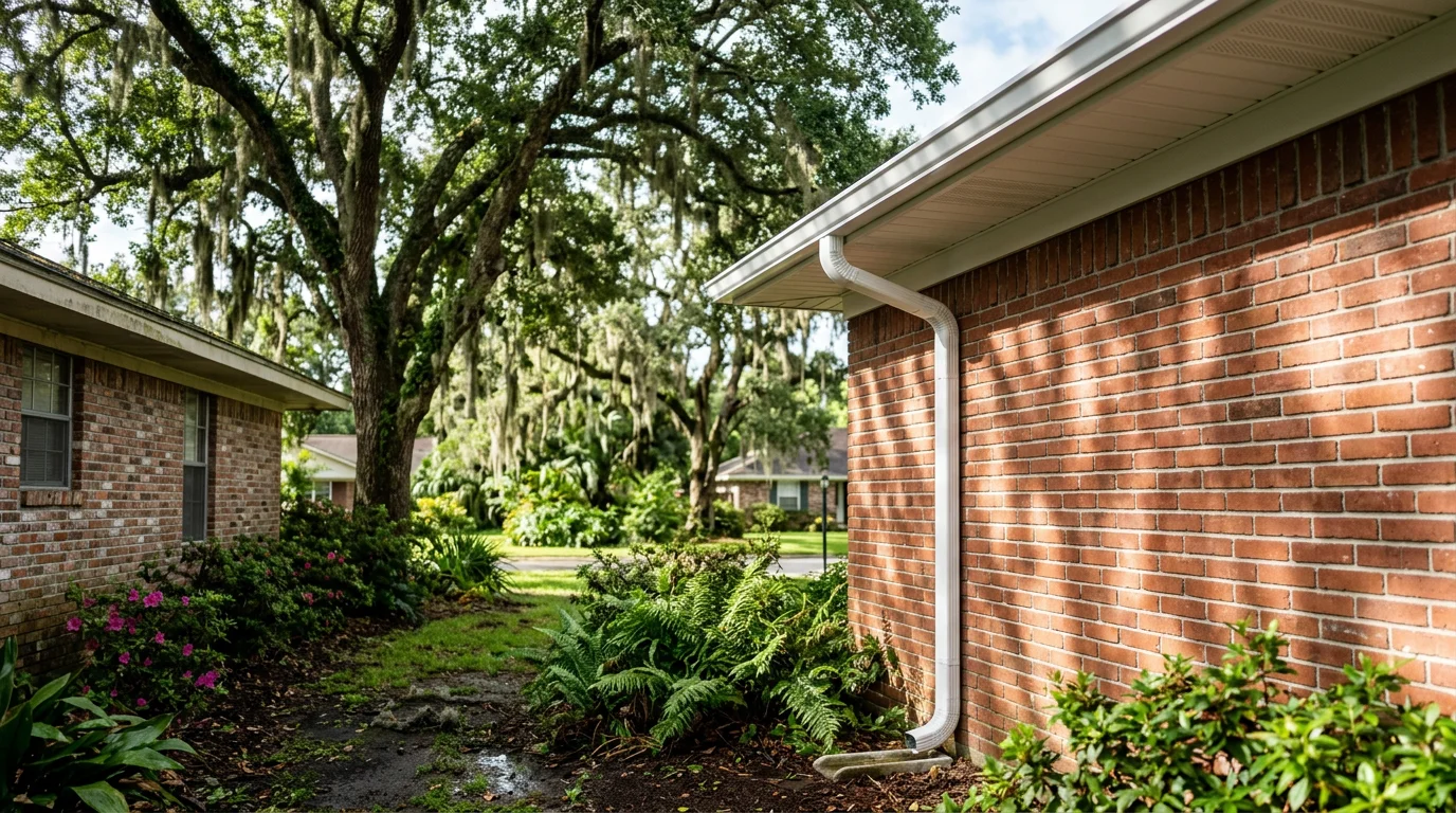 Seamless aluminum gutters installed on a brick slab home in a Lafayette, Louisiana subdivision, with a live oak canopy visible overhead and a downspout extending away from the foundation.