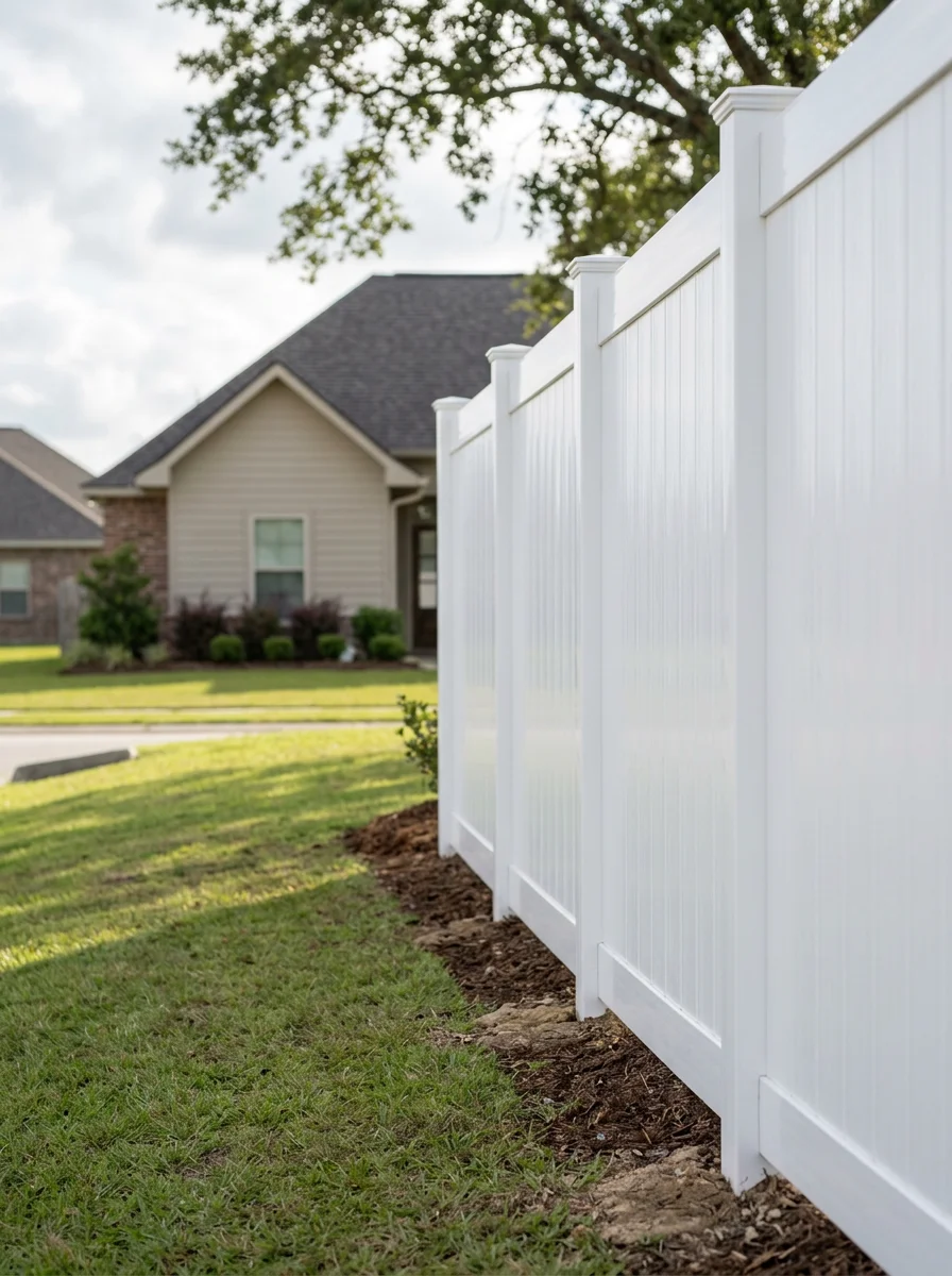 Portrait view of a vinyl privacy fence installed on a flat Youngsville residential lot, with a newer subdivision home and clear sky behind it.