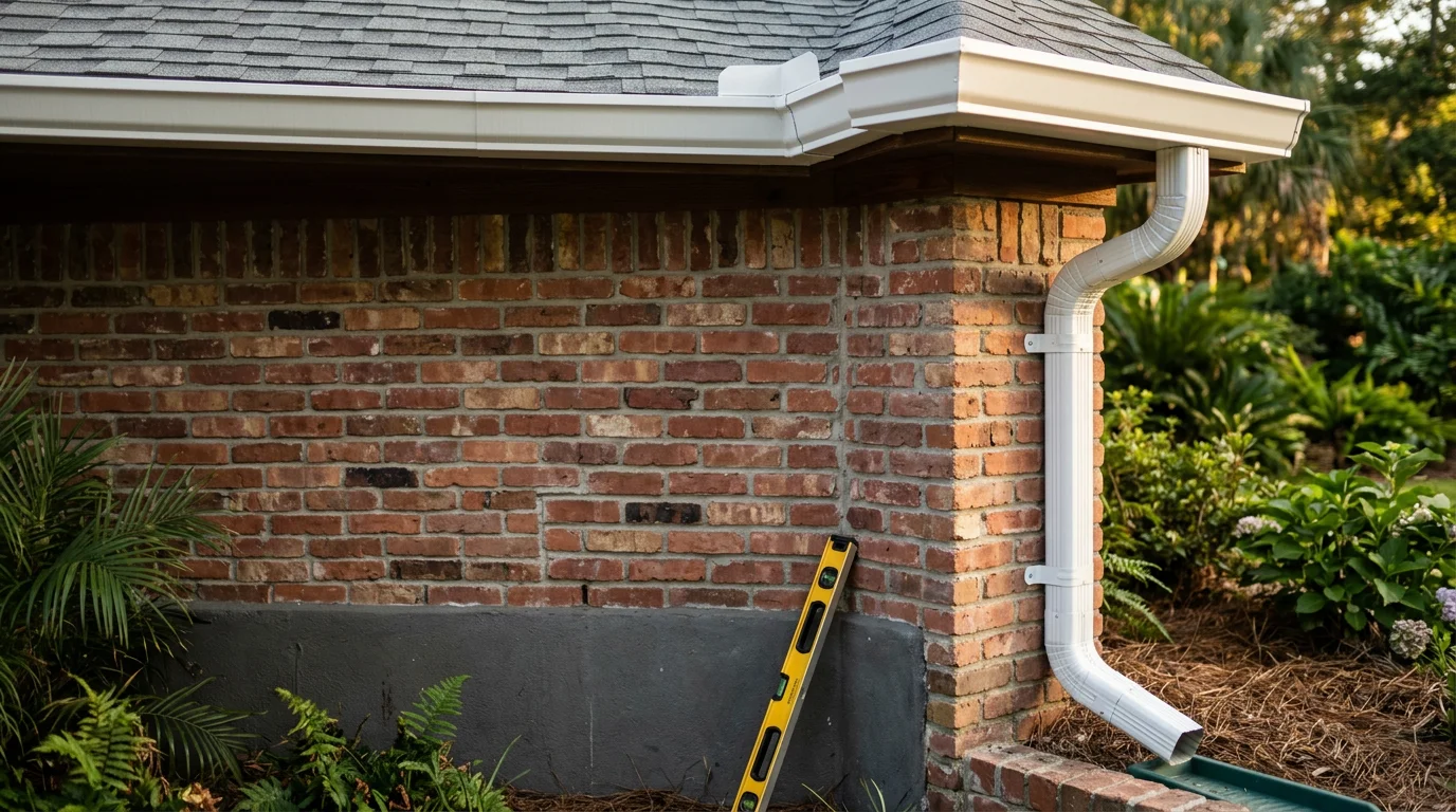 A newly installed downspout on a Lafayette, Louisiana home directing roof runoff away from the foundation toward a stable discharge area. The downspout is flush against the exterior wall with a clean elbow at the base angled away from the slab.