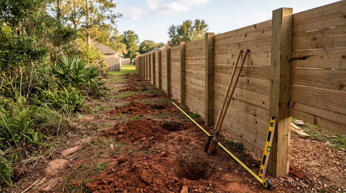 A newly installed privacy fence along the backyard boundary of a residential property in Lafayette, Louisiana. The fence runs parallel to a flat lawn with the characteristic lush green vegetation of South Louisiana visible in the background.