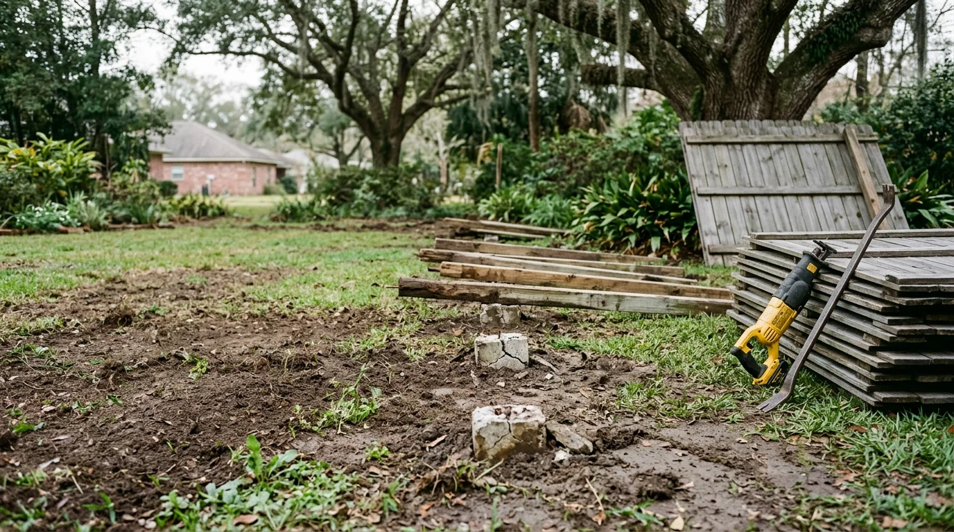 Old wooden fence panels and posts removed from a residential yard in Lafayette, LA, with cleared ground visible where the fence once stood. A locally owned fence removal crew from Level Up Gutters has hauled away all debris, leaving the property line open.