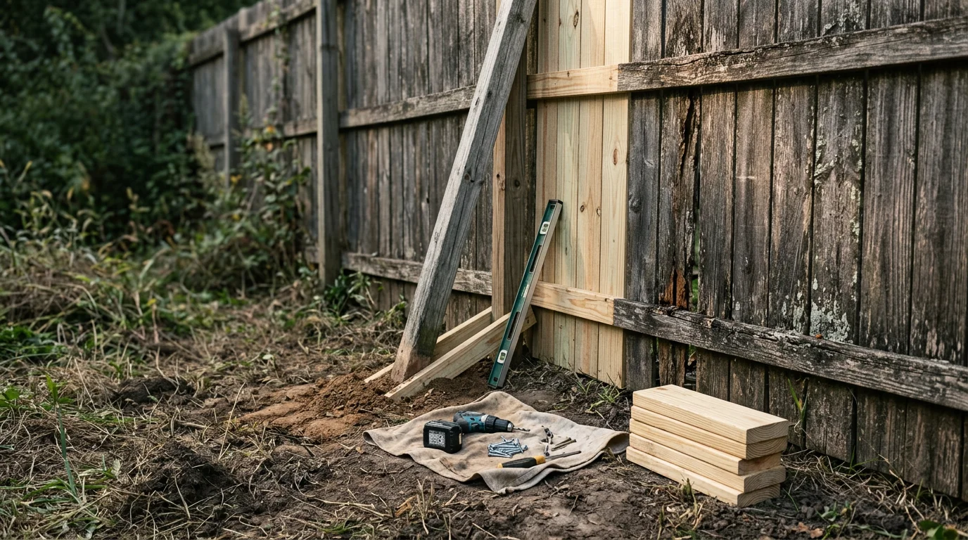 A repaired wood privacy fence in a Lafayette, LA residential backyard, showing replaced boards and a reset post alongside the original fence sections. Close-up view highlights the contrast between new lumber and weathered existing boards after storm damage repair.