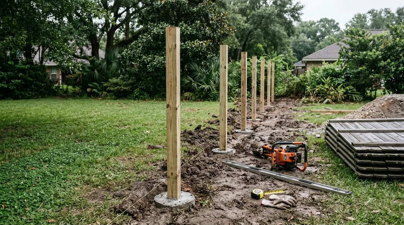 Newly replaced wood privacy fence along the backyard of a Lafayette, LA home, with fresh posts set in clay soil and clean panels running the full property line. Overcast South Louisiana sky visible above the fence line.