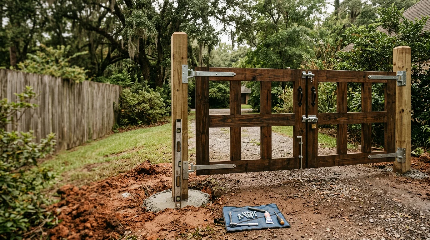 A newly installed residential gate on a wood fence in a Lafayette, Louisiana backyard, with posts set in a flat yard and the gate hanging level on heavy-duty hinges.
