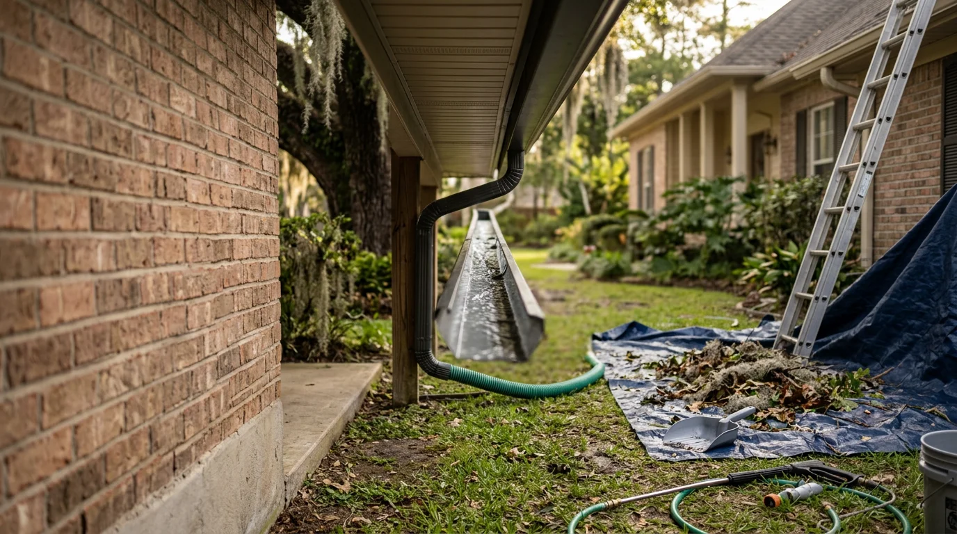A gutter on a Lafayette, LA home being cleared of compacted live oak leaves, Spanish moss, and pine needle debris. The downspout is flushed and flowing freely after a professional gutter cleaning service.