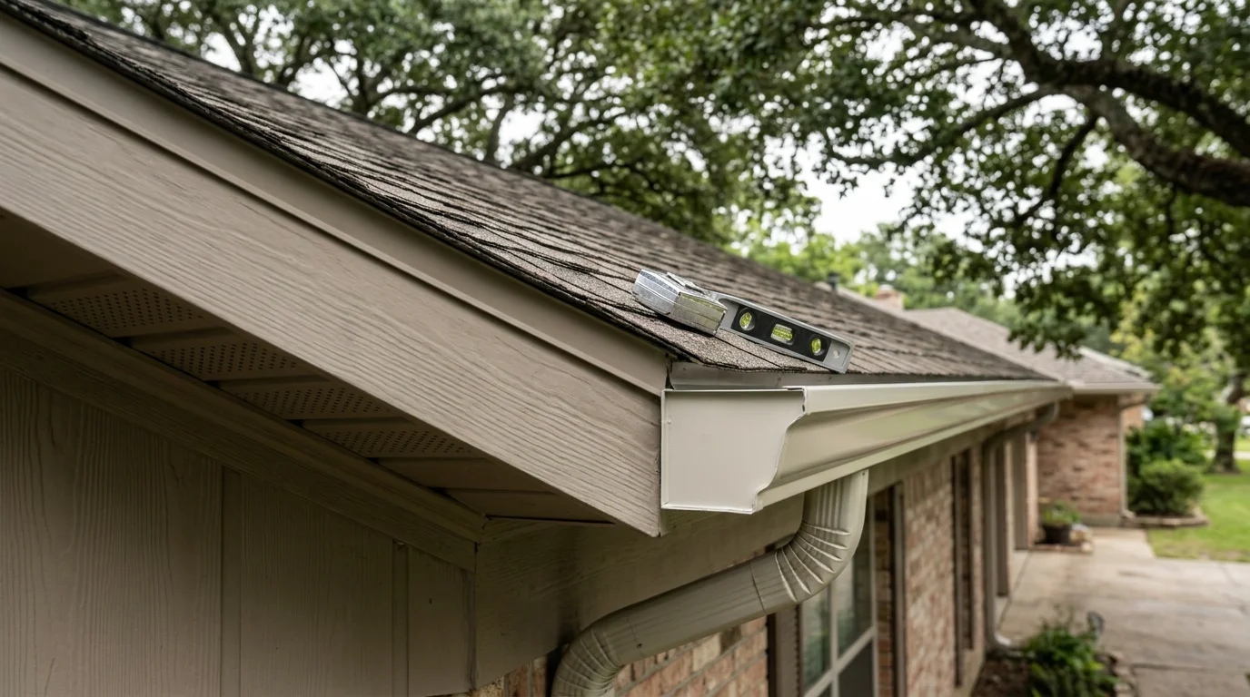 Newly installed gutters running along the roofline of a Lafayette, Louisiana residential home, with downspouts directed away from the foundation on a clear day.