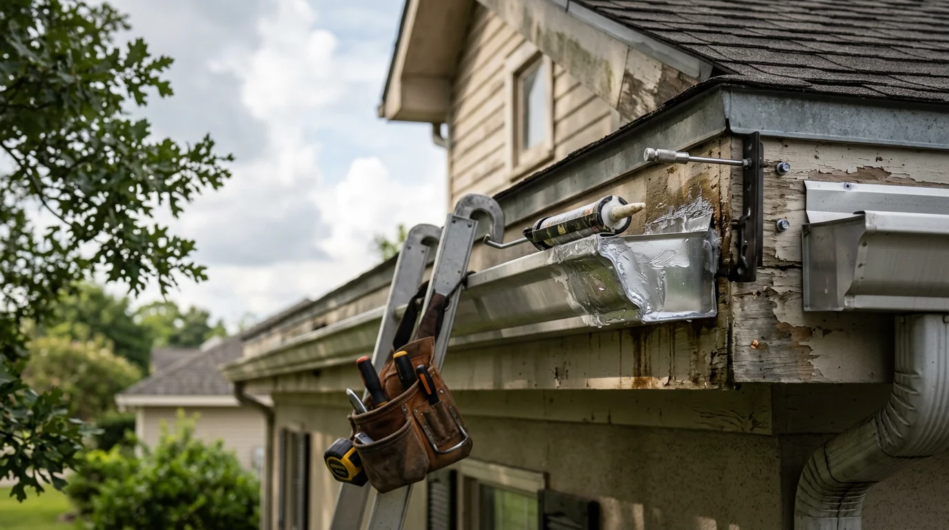 A gutter repair technician resealing a leaking joint on a residential home in Lafayette, Louisiana. The repaired gutter section runs along a fascia board with visible signs of prior storm wear.