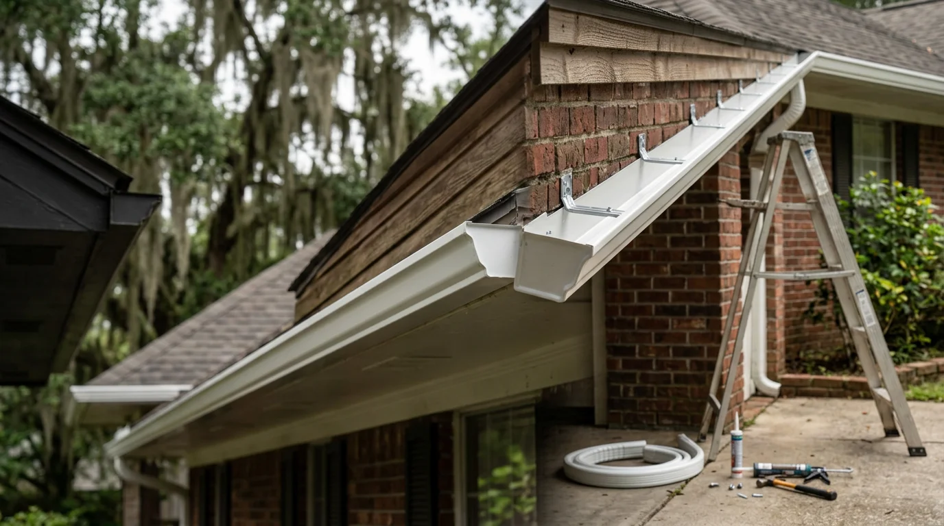 Newly replaced gutter system installed along the roofline of a Lafayette, Louisiana home, with clean downspouts positioned to direct rainwater away from the foundation.